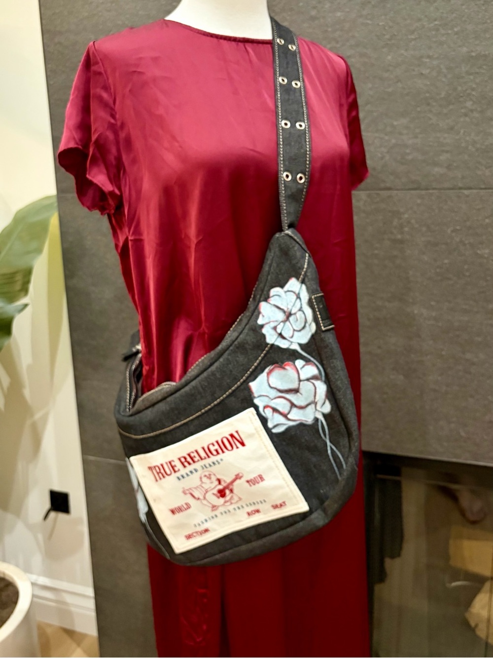 Hand Painted Black Denim True Religion Hobo Bag